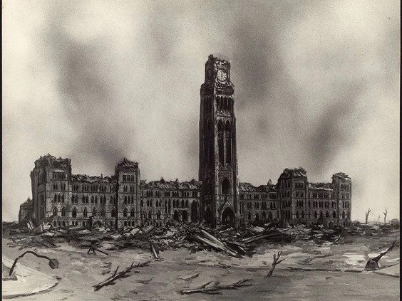 illustration montre le Parlement canadien après un bombardement nucléaire
