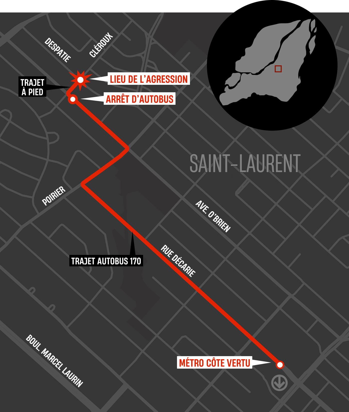La carte du trajet de la victime