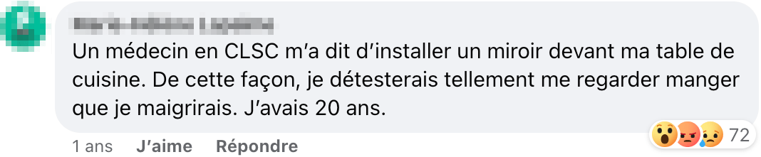 Un témoignage de grossophobie sous la publication du CDM