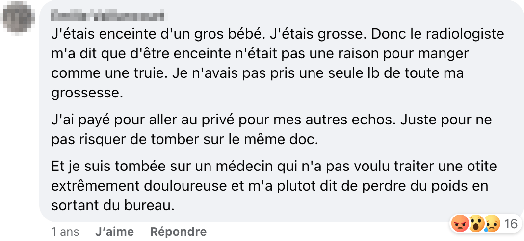 Un témoignage de grossophobie sous la publication du CDM