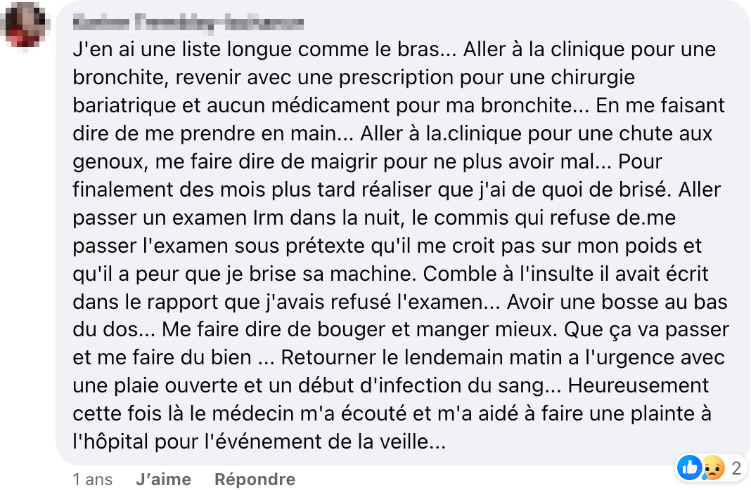 Un témoignage de grossophobie sous la publication du CDM