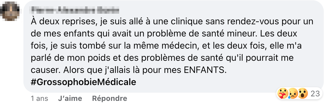 Un témoignage de grossophobie sous la publication du CDM