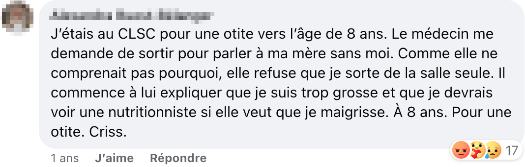 Un témoignage de grossophobie sous la publication du CDM