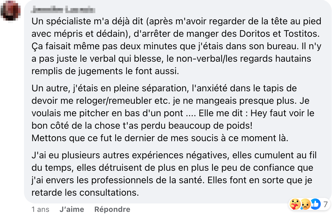 Un témoignage de grossophobie sous la publication du CDM