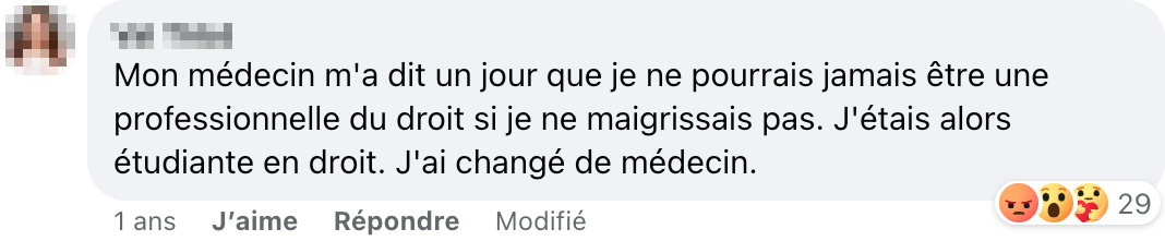 Un témoignage de grossophobie sous la publication du CDM