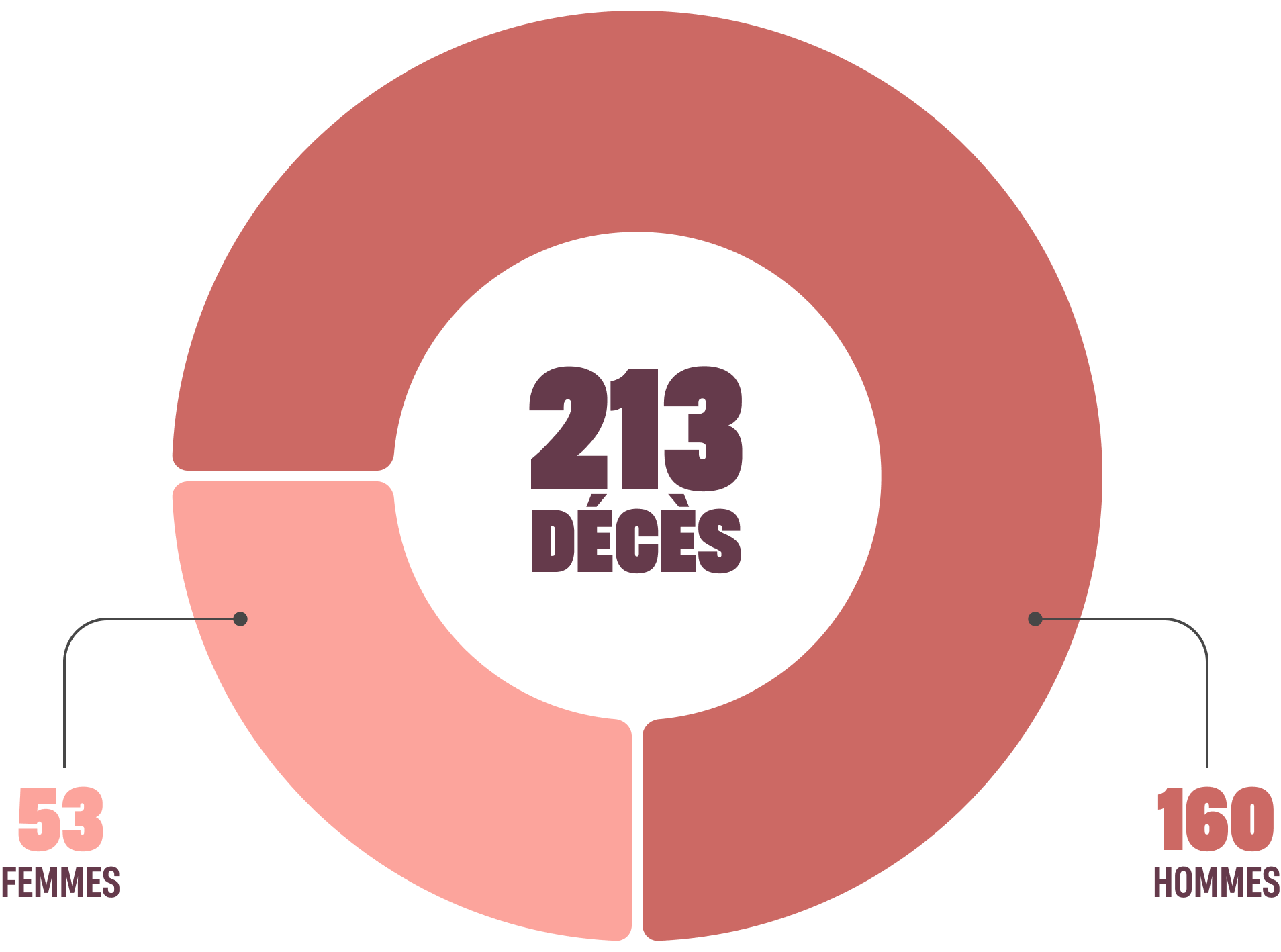 213 décès, 53 femmes et 160 hommes